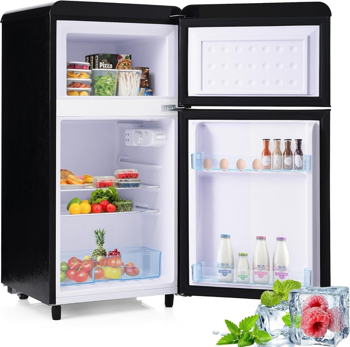 Merax Réfrigérateur-congélateur compact – Réfrigérateur 51 L + congélateur 21 L, silencieux, LED, clayettes verre, bac à légumes et balconnets, noir