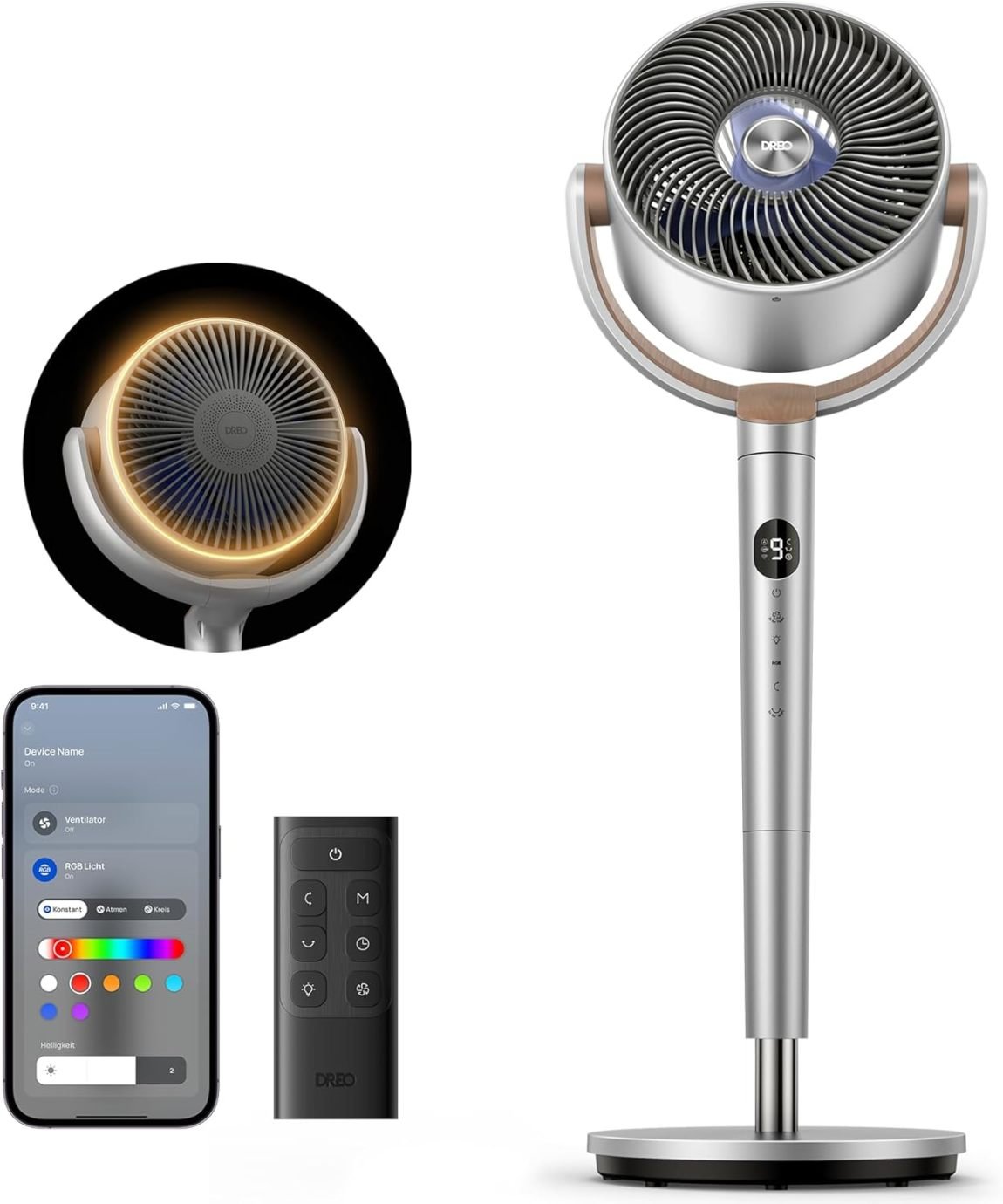 Dreo Ventilateur sur pied intelligent avec éclairage RGB – Oscillation 120° + 120°, télécommande, silencieux 20 dB, minuterie 8 h, argent