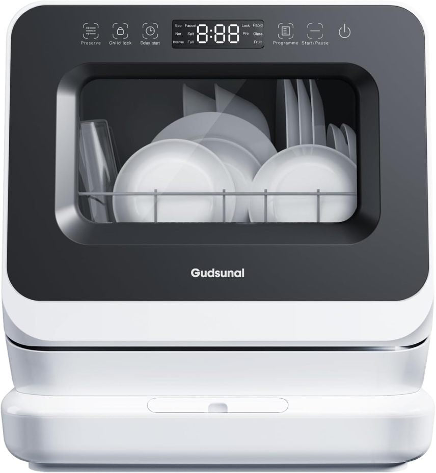Gudsunal Mini lave-vaisselle de comptoir avec réservoir 7 L, sans raccordement d’eau, 6 programmes, hygiène haute température 72 °C, séchage hybride