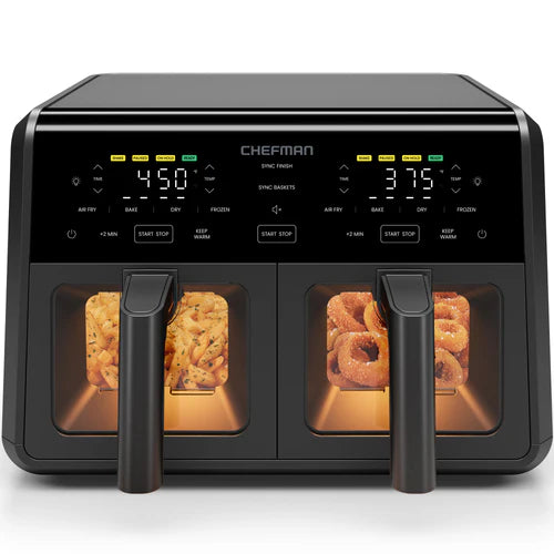 Chefman TurboFry Dual Basket Airfryer 9 Qt. avec fenêtre de visualisation – Friteuse à air 2 compartiments, grande capacité, cuisson pauvre en huile, Noir