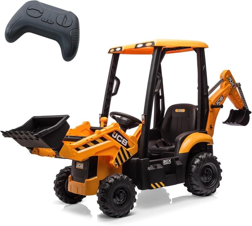 Pelleteuse et bulldozer électrique enfant 4-en-1, 12 V – Télécommande, chargeur frontal, pelle, klaxon, pneus EVA, jaune 1