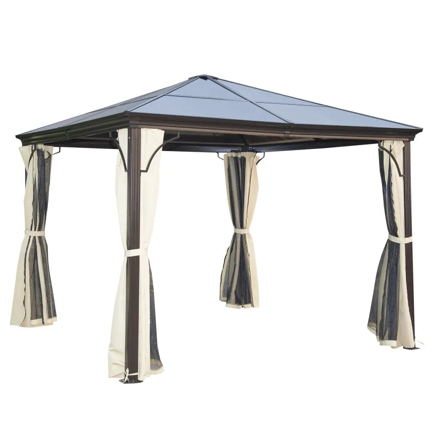 Outsunny Tonnelle de jardin Hardtop – Toit polycarbonate, moustiquaire, structure aluminium 1
