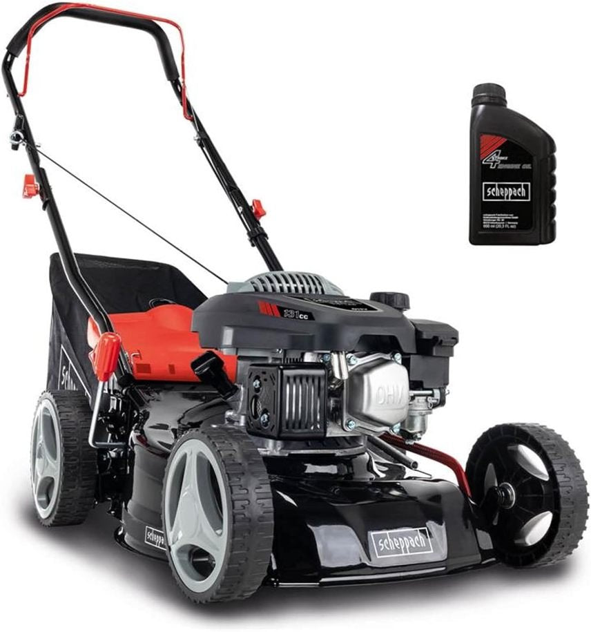 Scheppach RM420 Tondeuse à gazon 3-en-1, 3,4 ch – Largeur de coupe 420 mm, bac 45 L, hauteur 25-75 mm, huile moteur incluse