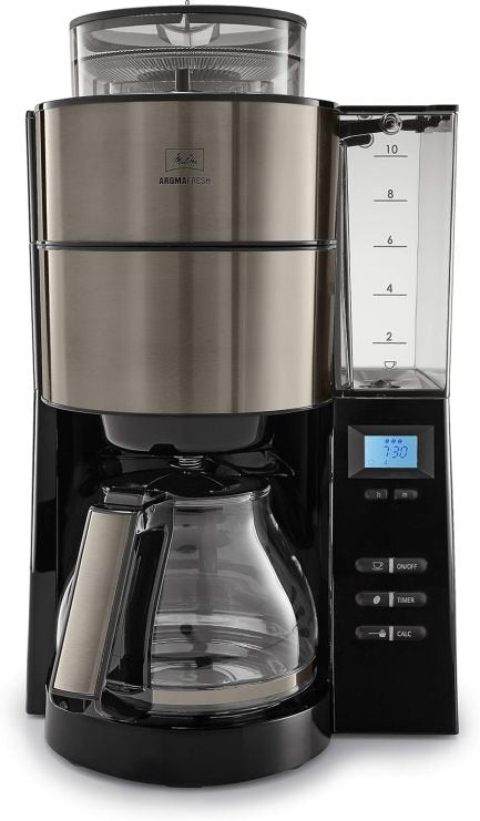 Melitta AromaFresh Cafetière filtre avec verseuse en verre – Broyeur intégré, minuterie, 10 tasses, Pure Black