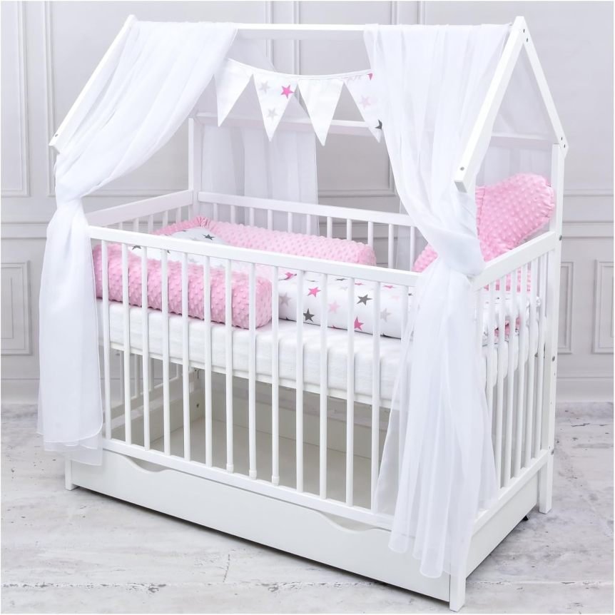 Baby Delux Ensemble lit bébé cabane 60 × 120 cm – Blanc, tiroir, barrière anti-chute, matelas, literie et décoration Prince Stars