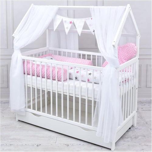 Baby Delux Ensemble lit bébé cabane 60 × 120 cm – Blanc, tiroir, barrière anti-chute, matelas, literie et décoration Prince Stars