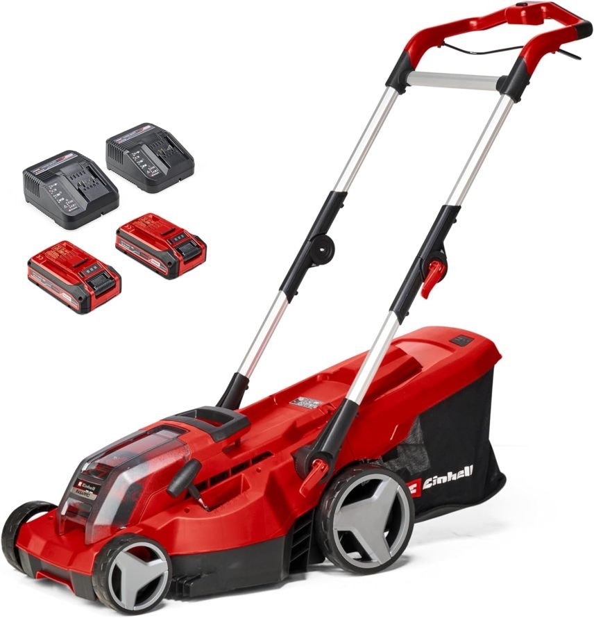 Einhell RASARRO 36/42 Kit Power X-Change Tondeuse sans fil – 36 V, largeur 42 cm, jusqu’à 725 m², moteur sans balais, bac 50 L, mulching, 2 batteries 5,2 Ah + Twincharger