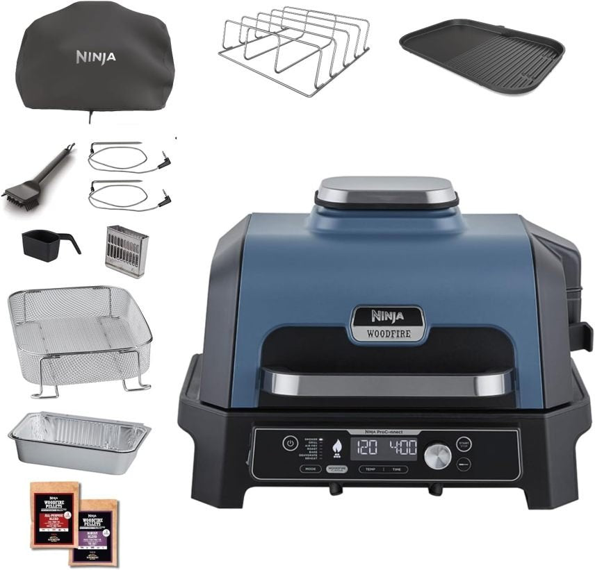 Ninja Woodfire Barbecue électrique, fumoir et Airfryer 7-en-1 – Air Fry, fumage, rôtissage, cuisson et plus, résistant aux intempéries, antiadhésif, portable, gris/noir OG701EU