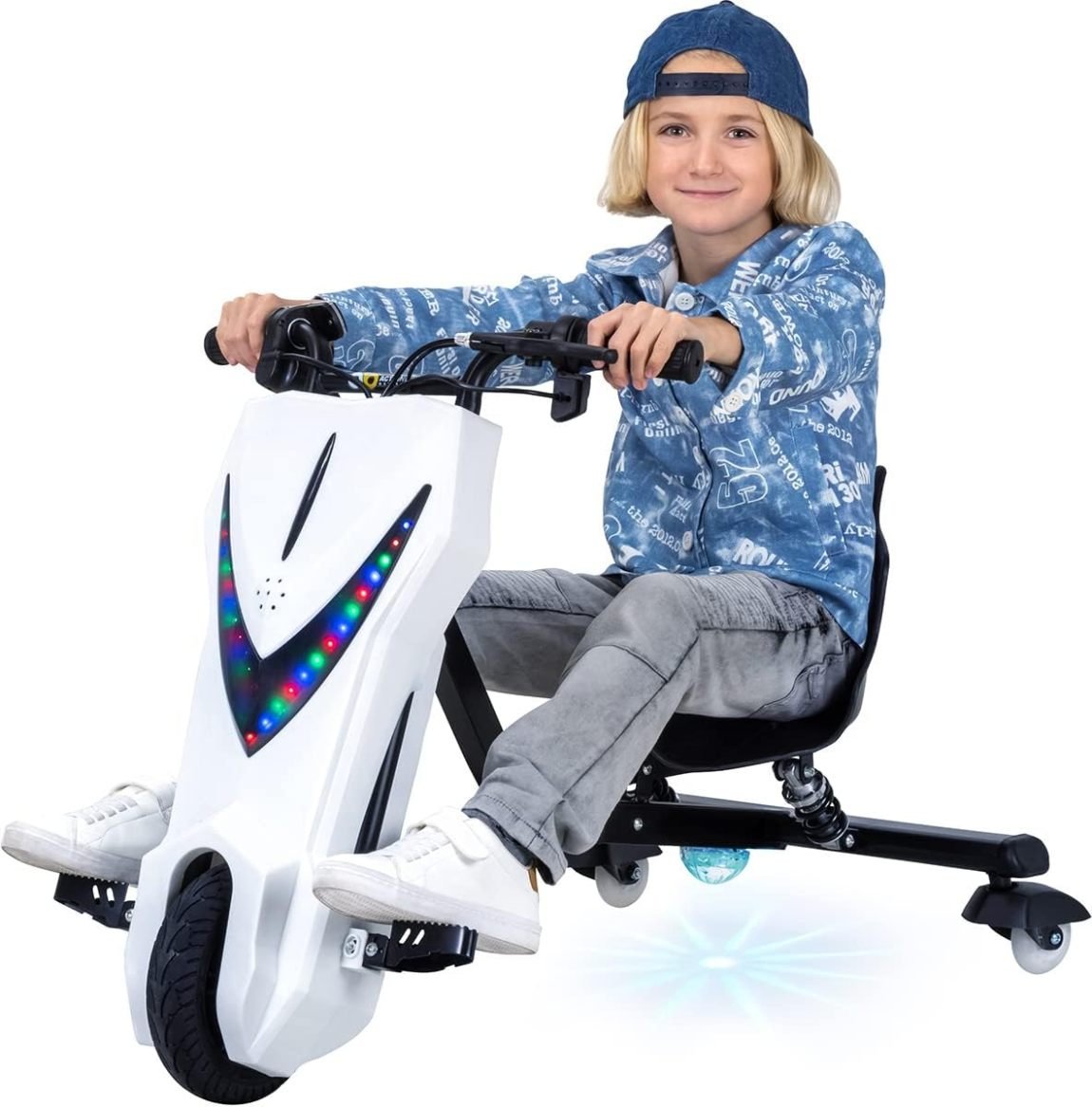 Actionbikes Motors Drift kart électrique enfant – Moteur 250 W, drift 360°, 3 vitesses, LED, siège réglable, Bluetooth, Space Purple