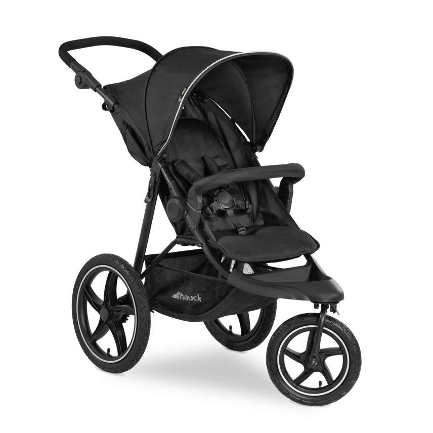 Hauck Runner 2 Poussette tout-terrain 3 roues avec grandes roues gonflables, jusqu’à 22 kg, protection UV 50+, fenêtre d’aération, hauteur réglable, pliable, panier XL 3 kg, position allongée, noire