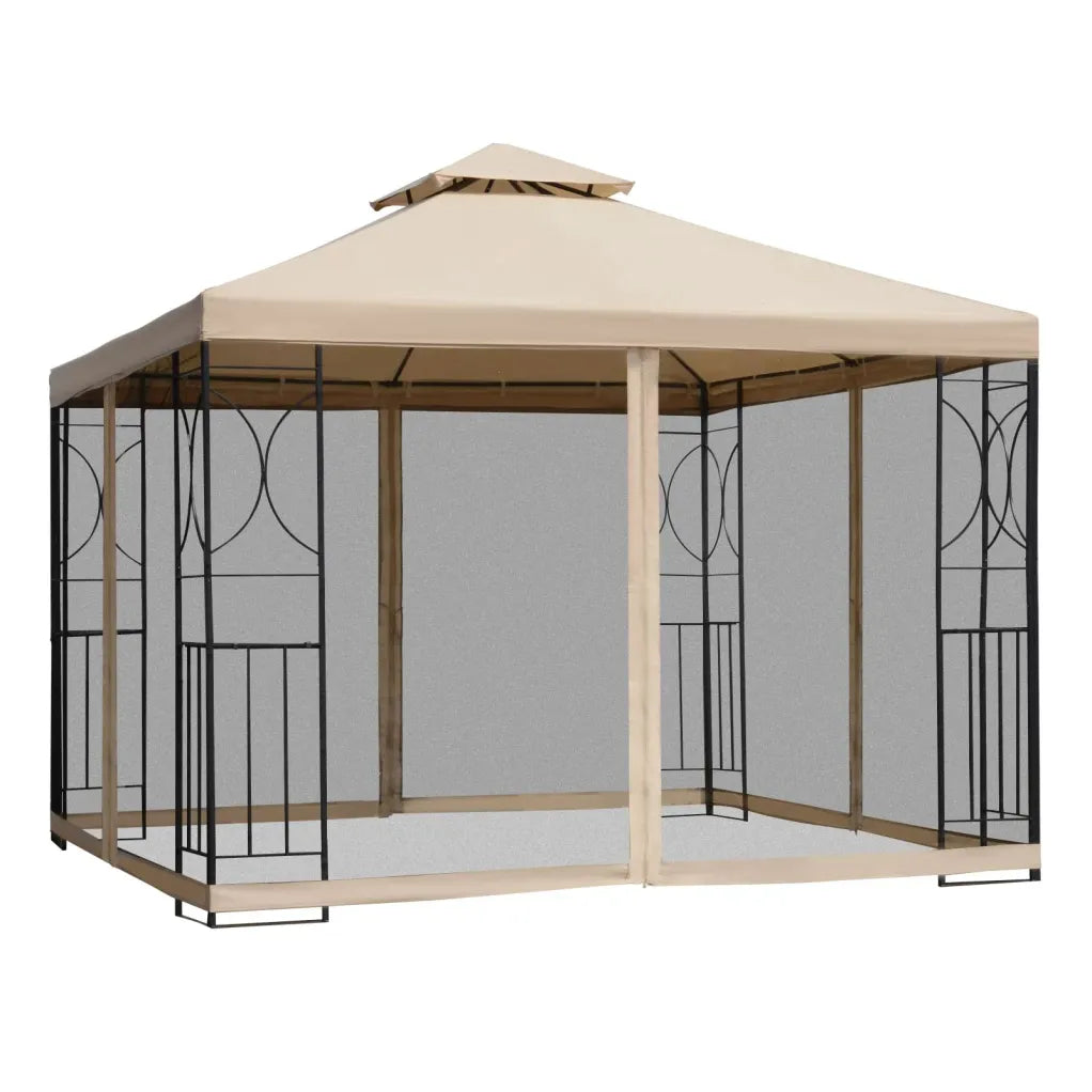 Outsunny Pavillon de jardin double toit avec étagères et parois moustiquaires