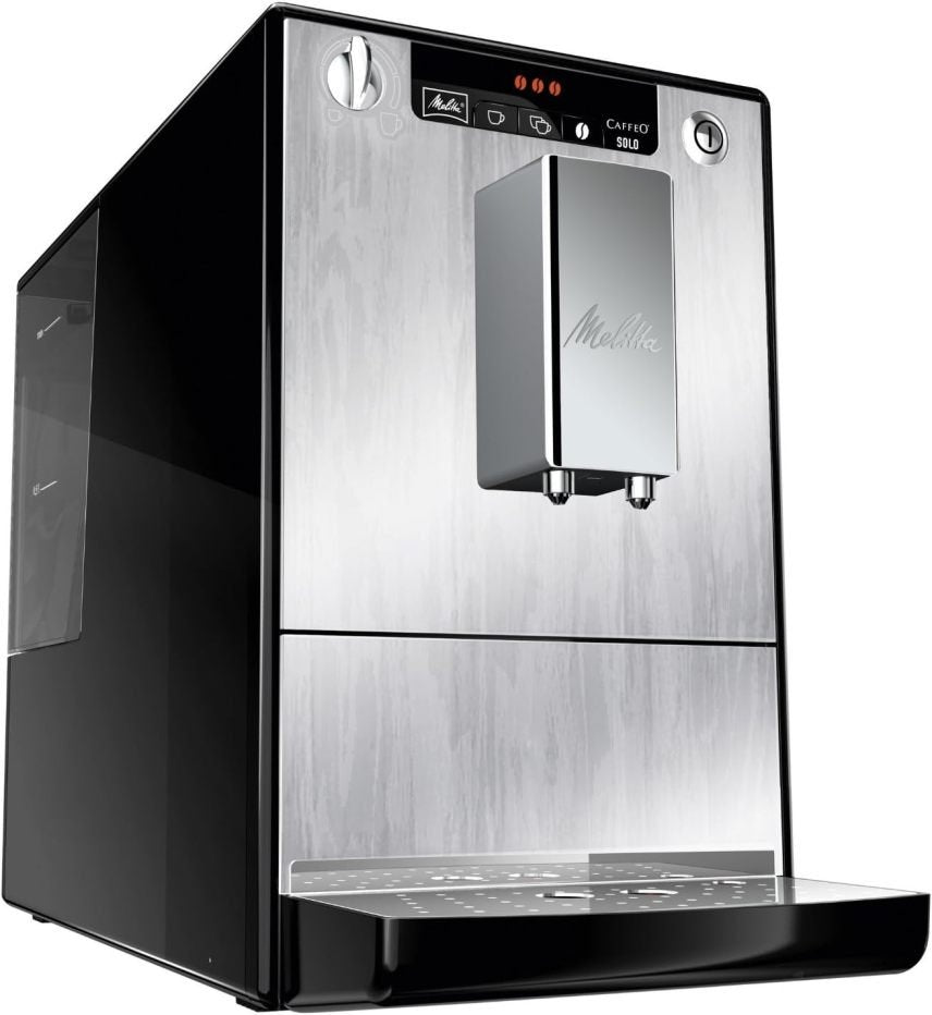 Melitta Solo Machine à café automatique compacte – Bec réglable en hauteur, réservoir amovible, espresso et café crème, argent
