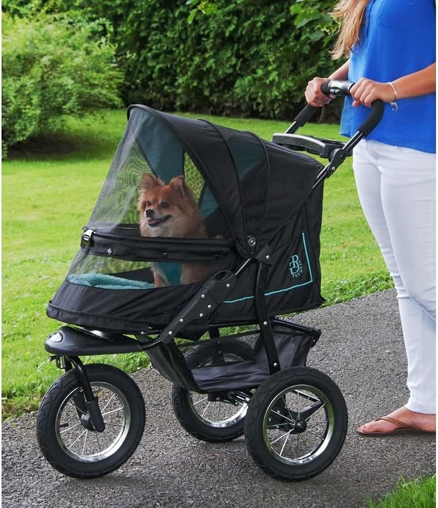 No-Zip NV Poussette pour chat/chien – Entrée sans fermeture éclair, pliage une main, pneus gel, coussin peluche et protection météo inclus, 3 couleurs