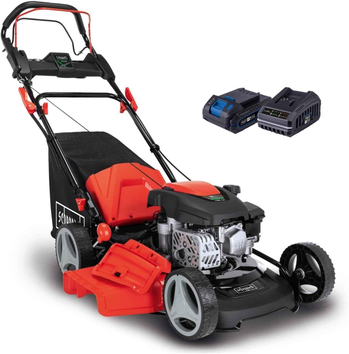 Scheppach MS150-46E Tondeuse thermique avec démarrage électrique – Coupe 46 cm, bac 55 L, châssis acier, 7 hauteurs, mulching, traction, éjection latérale