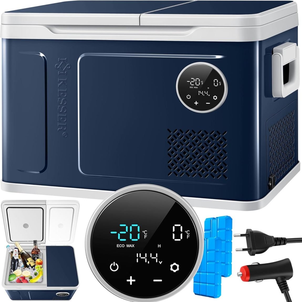 KESSER Glacière à compresseur 2-en-1 double zone réfrigération/congélation – 2 accumulateurs de froid, commandes tactiles LED, jusqu’à -20 °C, 12/24 V et 230 V, camping/voiture/camion