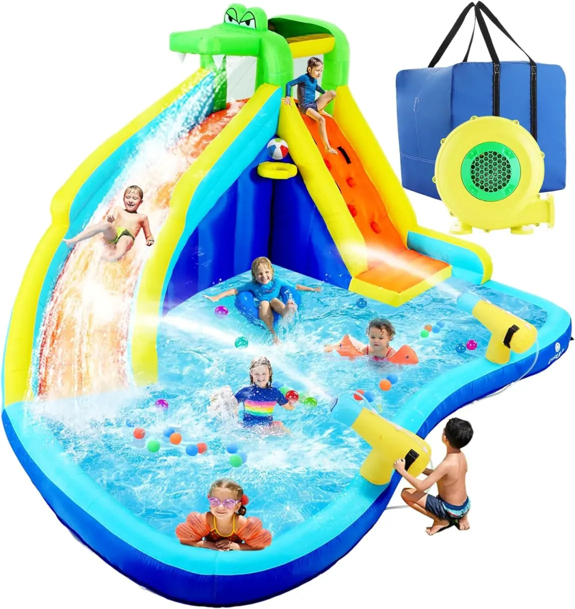 Parc aquatique gonflable enfant 8-en-1 avec soufflerie 450 W – Mur d’escalade, pataugeoire, 2 canons à eau, panier de basket, toboggan et arroseur crocodile 1