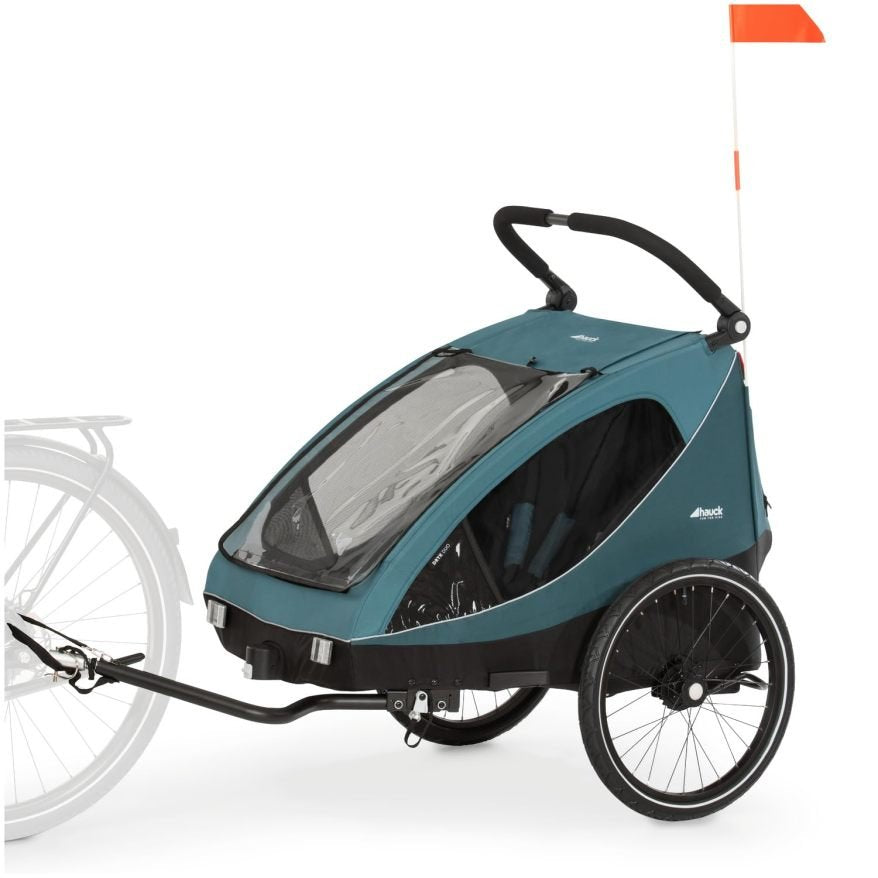 Hauck Dryk Duo Plus Remorque vélo et poussette suspendue pour 2 enfants de 6 à 48 mois, timon, roue poussette, drapeau et LED inclus, pliable, hauteur réglable, XL