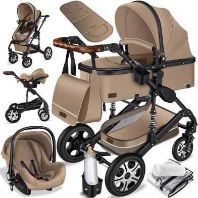 KESSER Loops Poussette combinée 3-en-1 – Nacelle, siège sport et coque auto ECE R129, pneus pleins, sac à langer, housse pluie, tablette enfant, noir/champagne 1