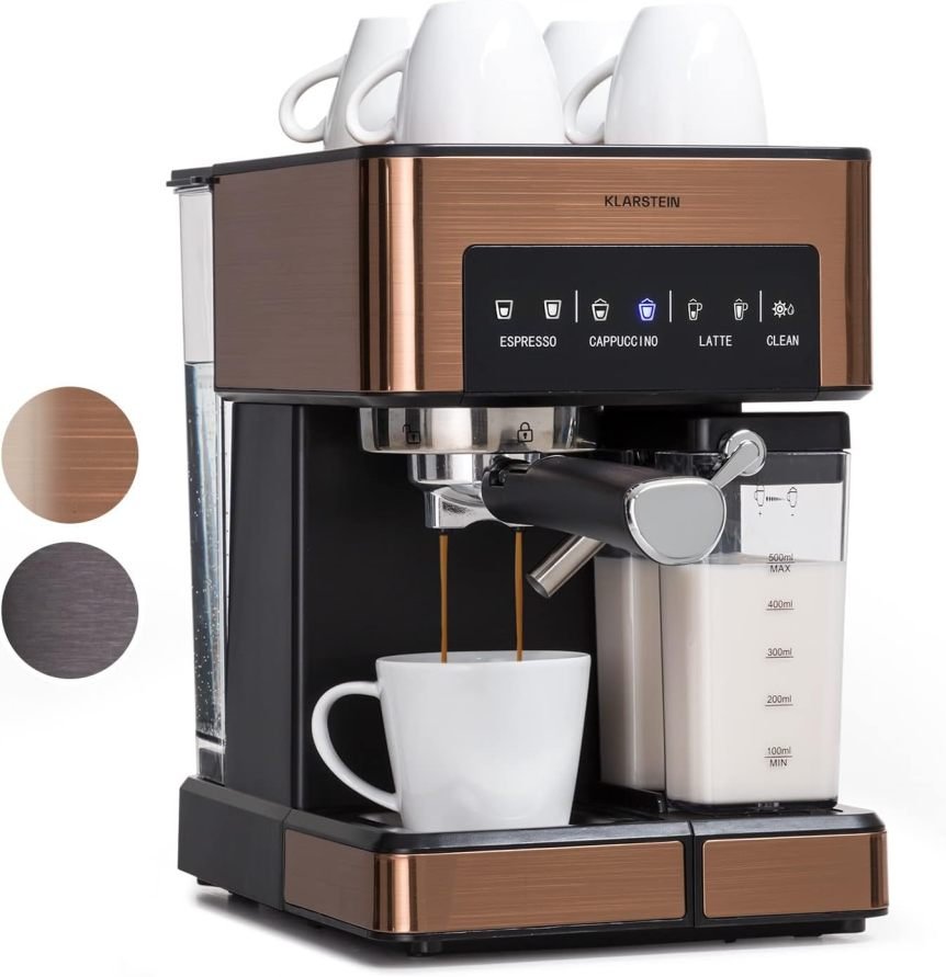 Klarstein Machine à espresso avec porte-filtre et mousseur à lait – 1,8 L, 20 bar, inox, réservoir lait 0,5 L, 1350 W, café moulu 1
