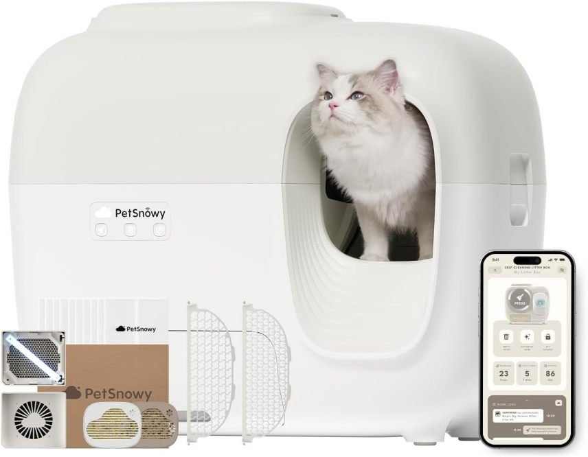 PetSnowy Litière autonettoyante pour chat avec contrôle des odeurs TiO2, application, emballage automatique, pour grands chats et foyers multi-chats 1,5-9 kg, capacité max. 83 L, édition Premium 2025 1
