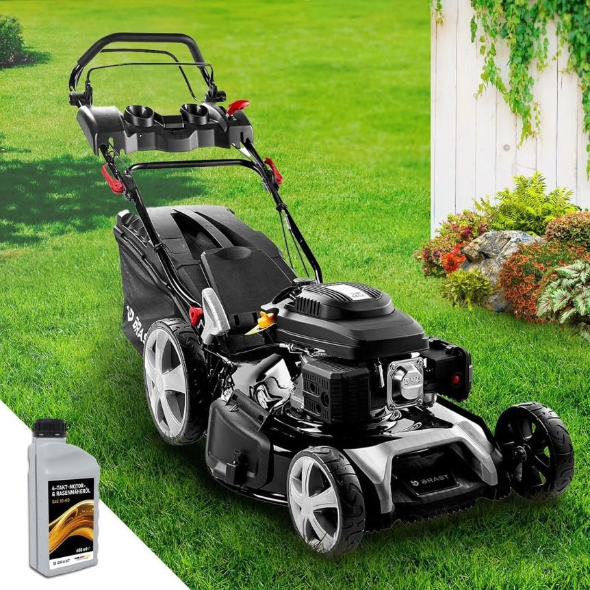 BRAST Tondeuse thermique autotractée – 5,2 kW (7 ch), coupe 55 cm, hauteur 30–80 mm, bac 60 L, moteur 4 temps OHV, châssis acier, Power