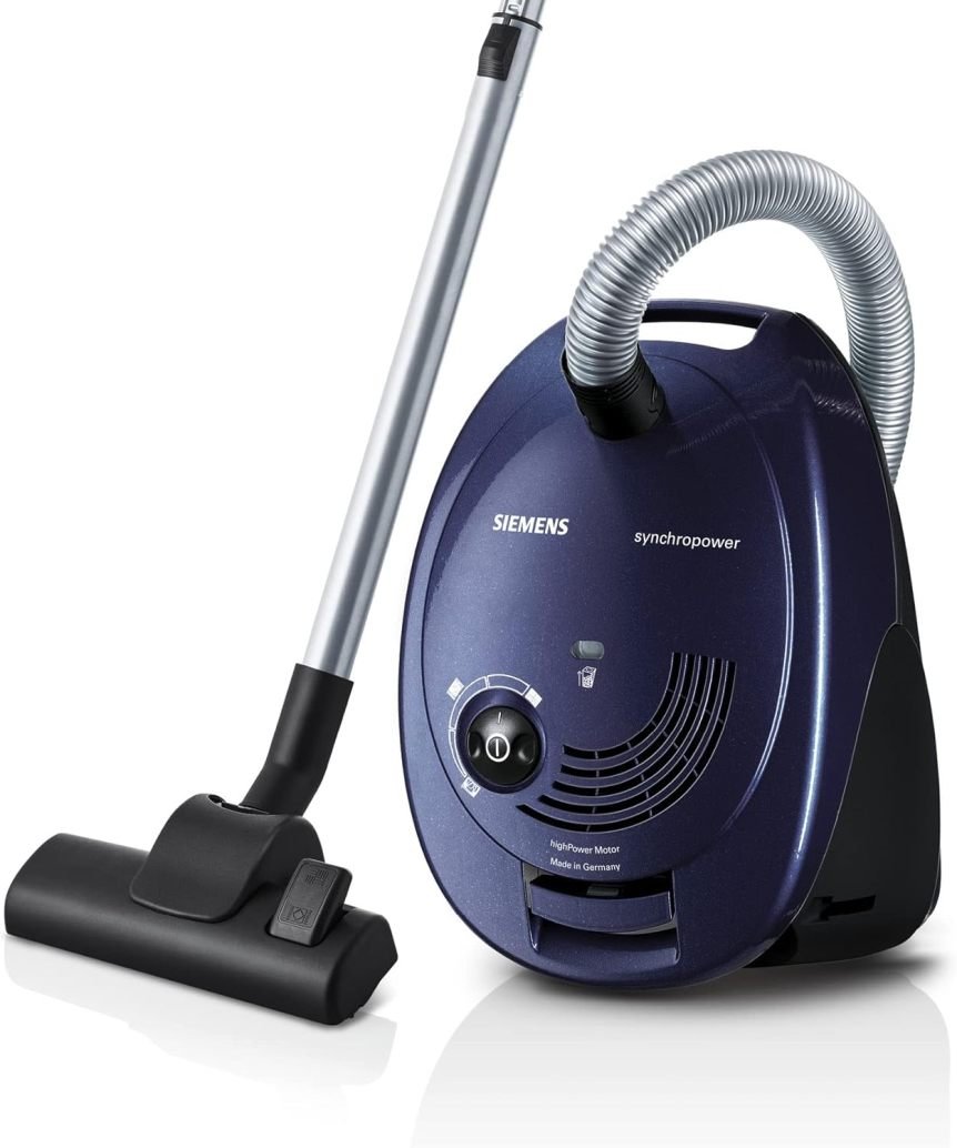 Siemens synchropower VS06A111 Aspirateur avec sac – 600 W, filtre hygiène, sols durs et moquettes, bleu