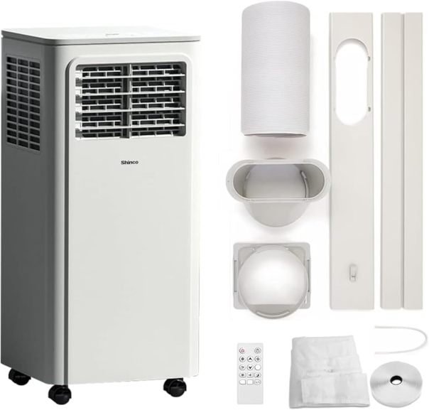 SHINCO Climatiseur mobile avec gaine 9000 BTU / 2,6 kW – Refroidit, ventile et déshumidifie, mode sommeil, jusqu’à 22 m², minuterie 24 h 1