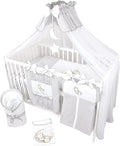 Bello24 Ensemble lit bébé 16 pièces Happy Leo – Lit, literie et matelas, hauteur réglable, bois massif, gris motif ours/lune