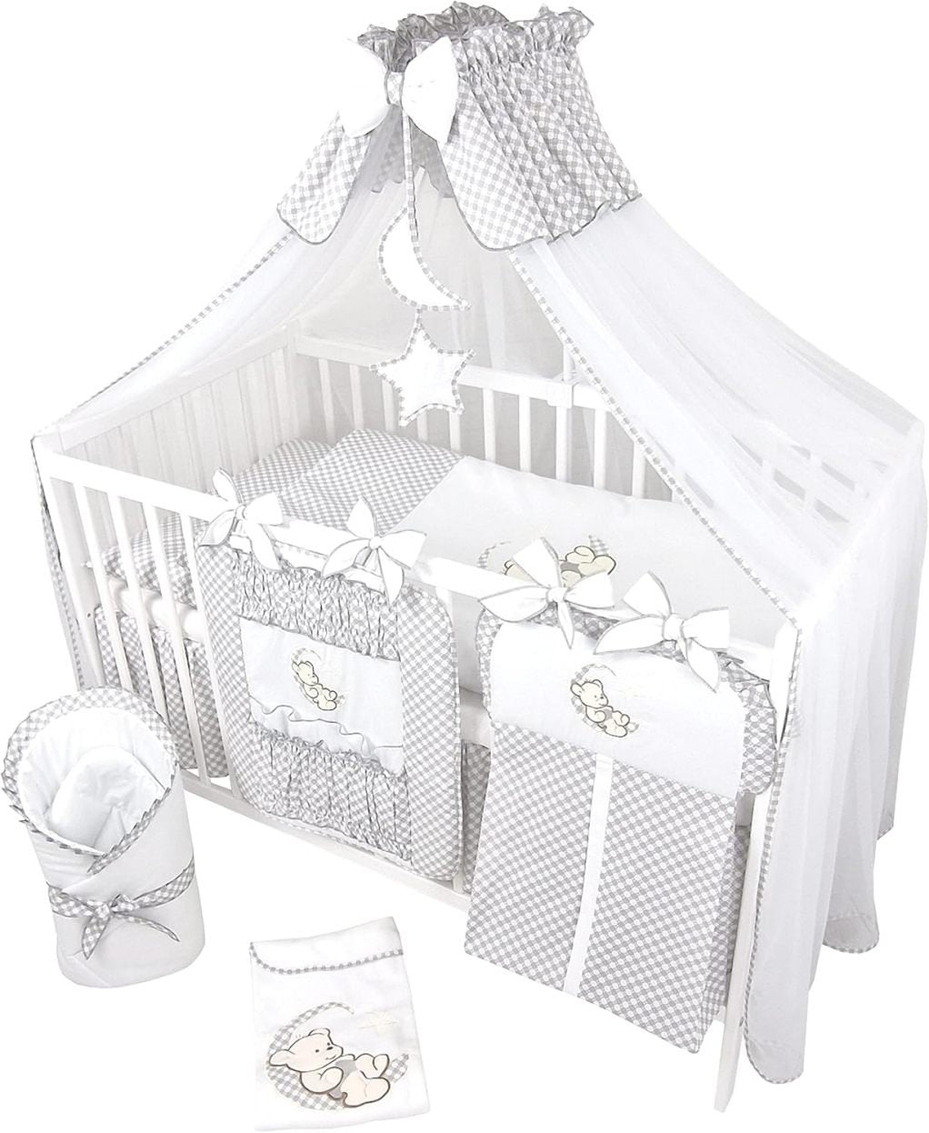 Bello24 Ensemble lit bébé 16 pièces Happy Leo – Lit, literie et matelas, hauteur réglable, bois massif, gris motif ours/lune