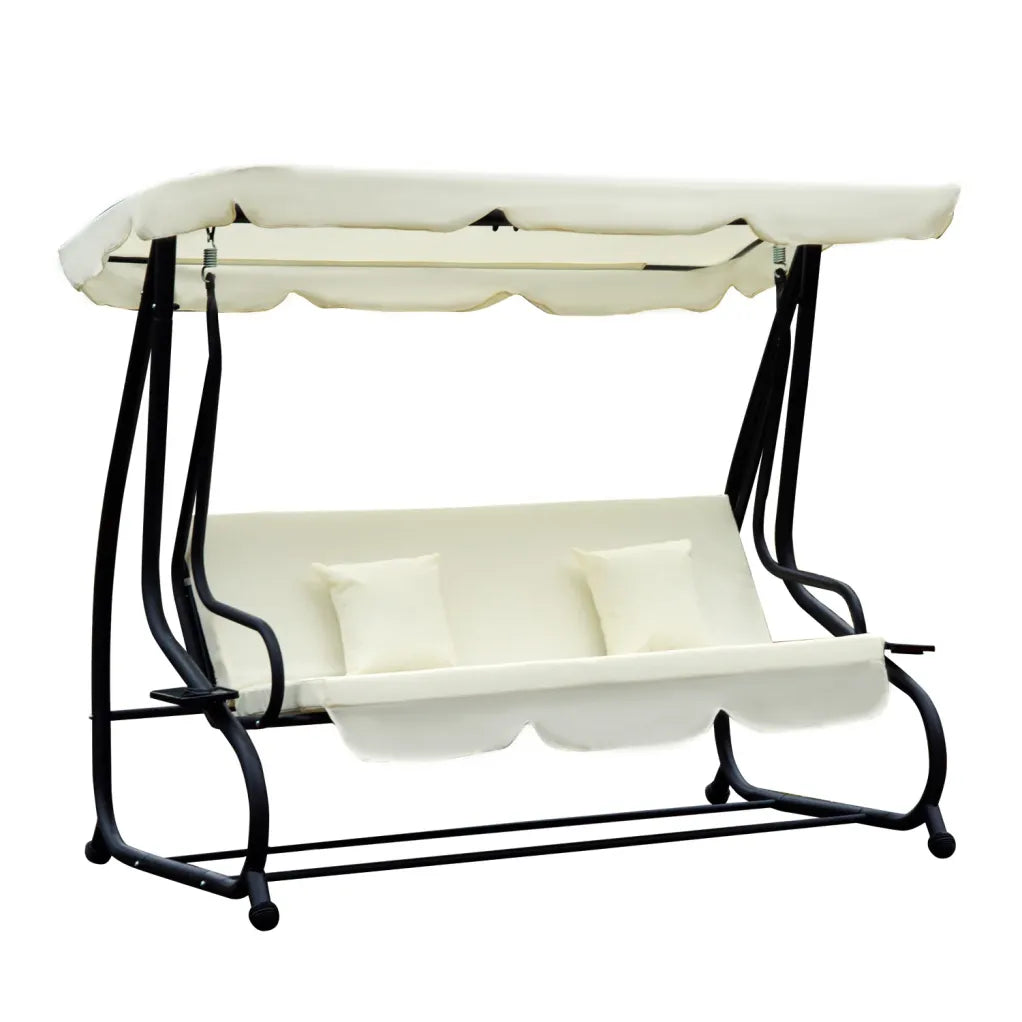Outsunny Balancelle de jardin 3 places convertible en lit – Protection UV, blanc crème
