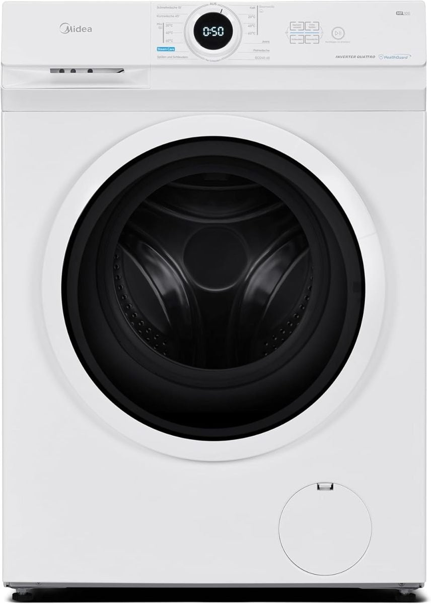 Midea MF10EW80B Lave-linge 8 kg, 1400 tr/min, classe A – Moteur Inverter Quattro, vapeur, grande cuve, design slim, ajout de linge, sécurité enfant, AquaStop, blanc