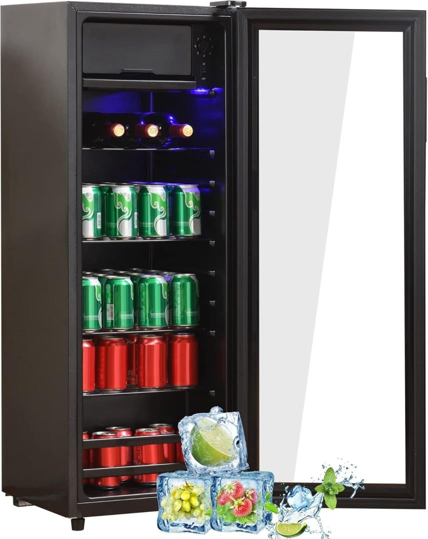 Merax Réfrigérateur 128L, autoportant, cave à boissons avec réfrigérateur 120L + congélateur 8L, éclairage LED intérieur et étagères réglables