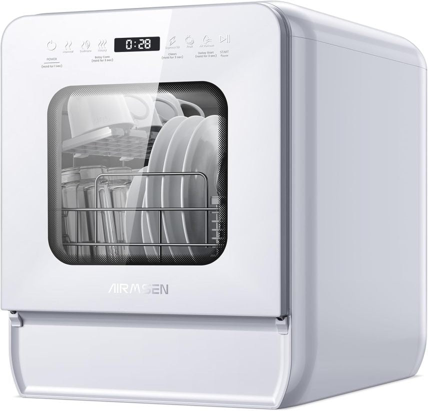 AIRMSEN Mini lave-vaisselle de comptoir avec réservoir d’eau et liquide de rinçage, 9 programmes, 37 × 50 cm, format ultra-étroit, minuterie 1-24 h, lavage 360°