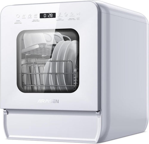 AIRMSEN Mini lave-vaisselle de comptoir avec réservoir d’eau et liquide de rinçage, 9 programmes, 37 × 50 cm, format ultra-étroit, minuterie 1-24 h, lavage 360°