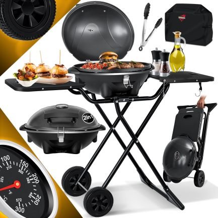 KESSER Barbecue électrique 2-en-1 table/sur pied – Jusqu’à 2400 W, pliable, thermostat, revêtement antiadhésif, plaque, tablettes et 2 roues