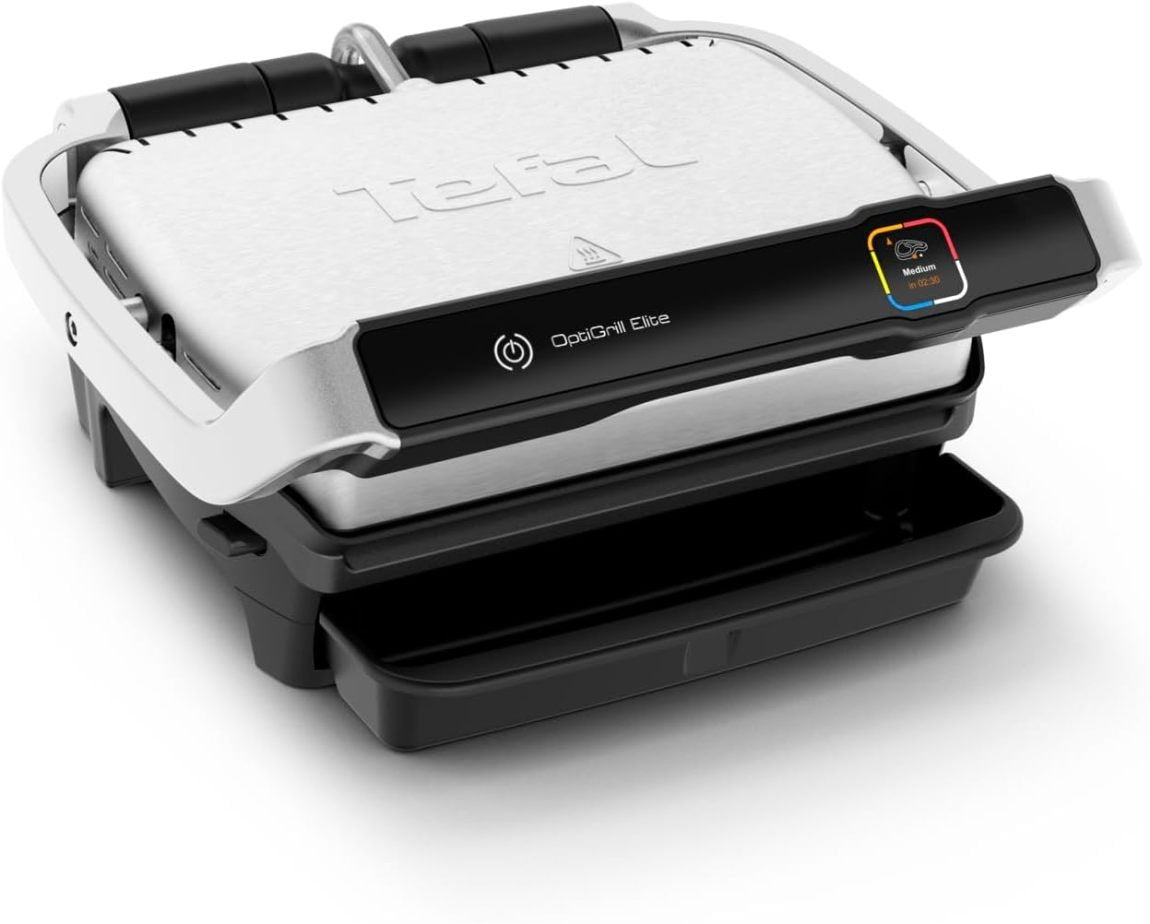 Tefal OptiGrill Elite GC750D16 Grill de contact – 12 programmes, écran digital avec niveau de cuisson, plaques amovibles, inox