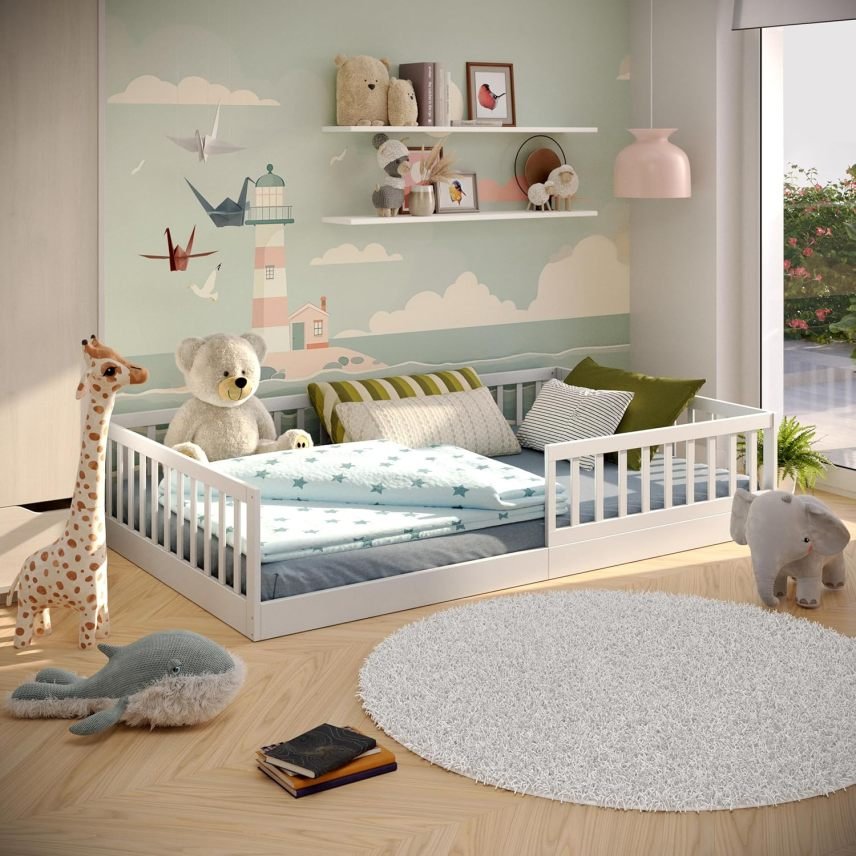 CADANI Timi Lit au sol Montessori 2-en-1 140 × 200 cm – Lit enfant en pin massif avec barrière anti-chute amovible et sommier à lattes, blanc - 3