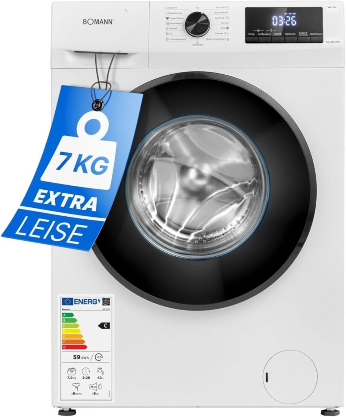Bomann Lave-linge 7 kg, 1400 tr/min – Garantie moteur 10 ans, inverter silencieux et durable, 15 programmes, départ différé, écran LED, WA 7175 blanc