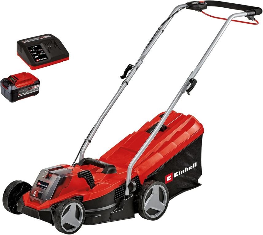 Einhell Tondeuse sans fil GE-CM 18/33 Li Kit Power X-Change (18 V, largeur de coupe 33 cm, jusqu'à 200 m², sans balais, bac de ramassage 30L, hauteur de coupe 25-65 mm, inclus