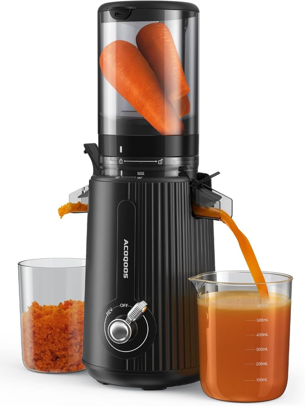 ACOQOOS Extracteur de jus, extracteur légumes et fruits avec ouverture d'alimentation 110MM, facile à nettoyer, extracteur lent avec 2 tasses, Noir 1