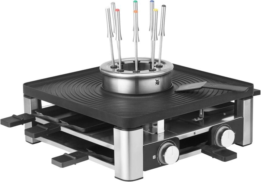 WMF Lumero Station Gourmet 3-en-1 pour 8 personnes – Raclette et fondue, température réglable, éclairage, 1800 W, inox mat 1