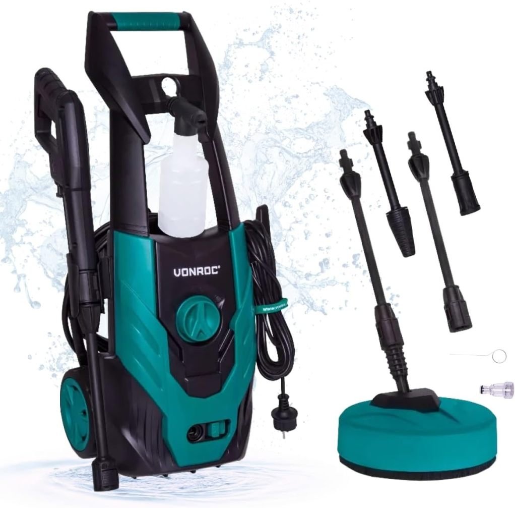 VONROC Nettoyeur haute pression professionnel 195 bar – 2500 W, débit 468 L/h, réservoir détergent, pompe aluminium, nettoyeur terrasse inclus