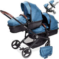 babyGO Poussette double 3-en-1 pour jumeaux/fratrie – Pour 2 enfants avec nombreux accessoires, bleu chiné, sans coque auto 1