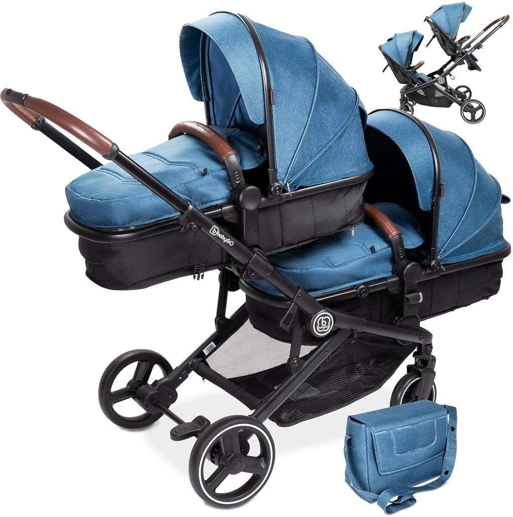 babyGO Poussette double 3-en-1 pour jumeaux/fratrie – Pour 2 enfants avec nombreux accessoires, bleu chiné, sans coque auto 1
