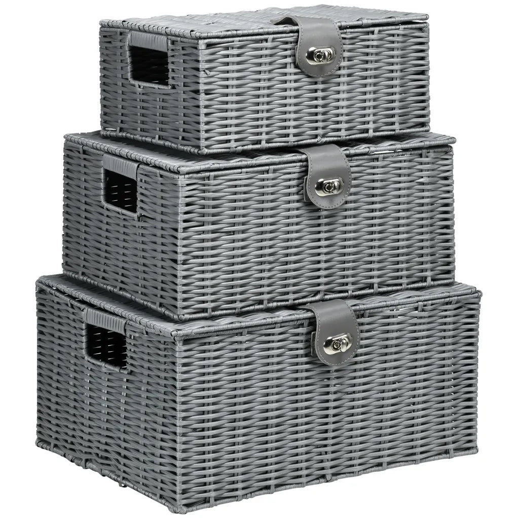 HOMCOM Lot de 3 paniers de rangement tressés à la main avec couvercles
