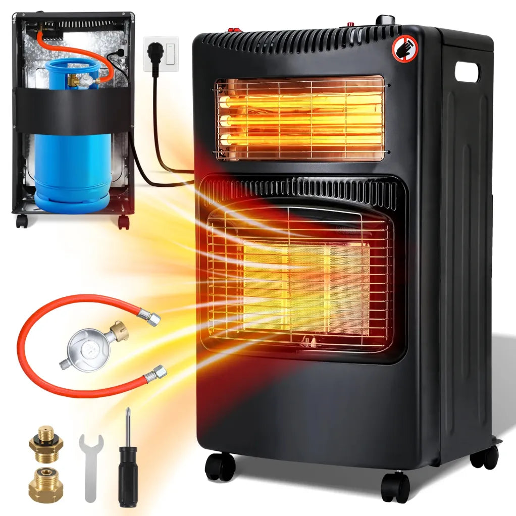 Sonnewelt Chauffage gaz/électrique 4200 W + 1260 W – Avec détendeur, tuyau gaz et adaptateur bouteille