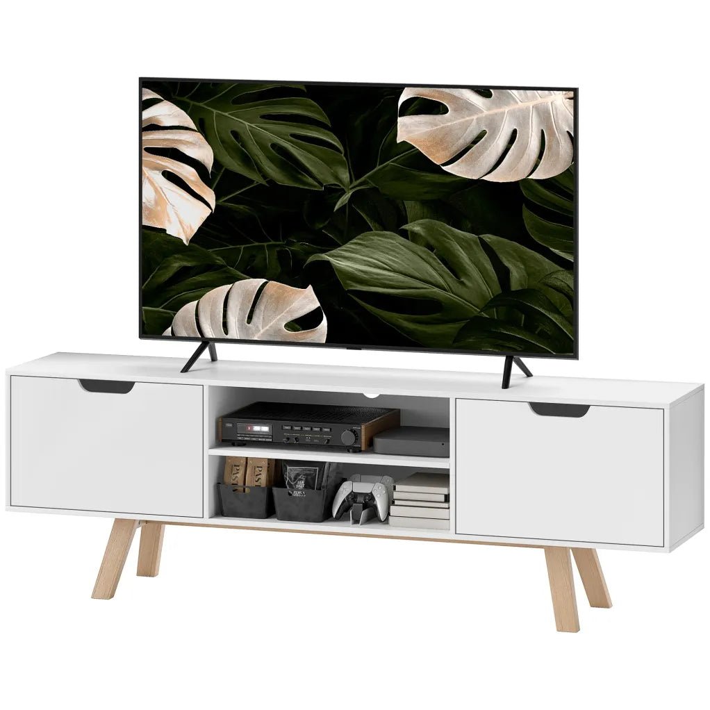 HOMCOM Meuble TV jusqu’à 65″ – Passe-câbles et 2 placards, blanc
