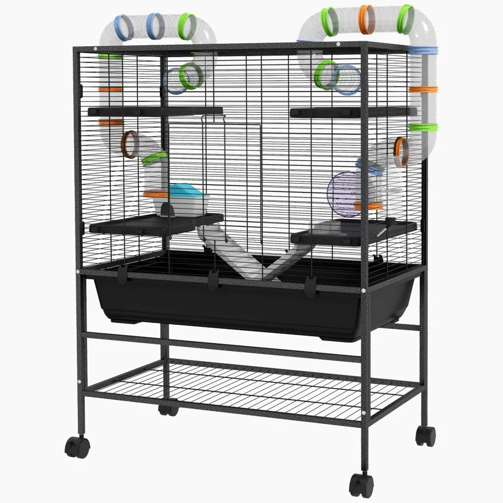 PawHut Cage pour hamster avec tubes, roue, roulettes et étagère 1