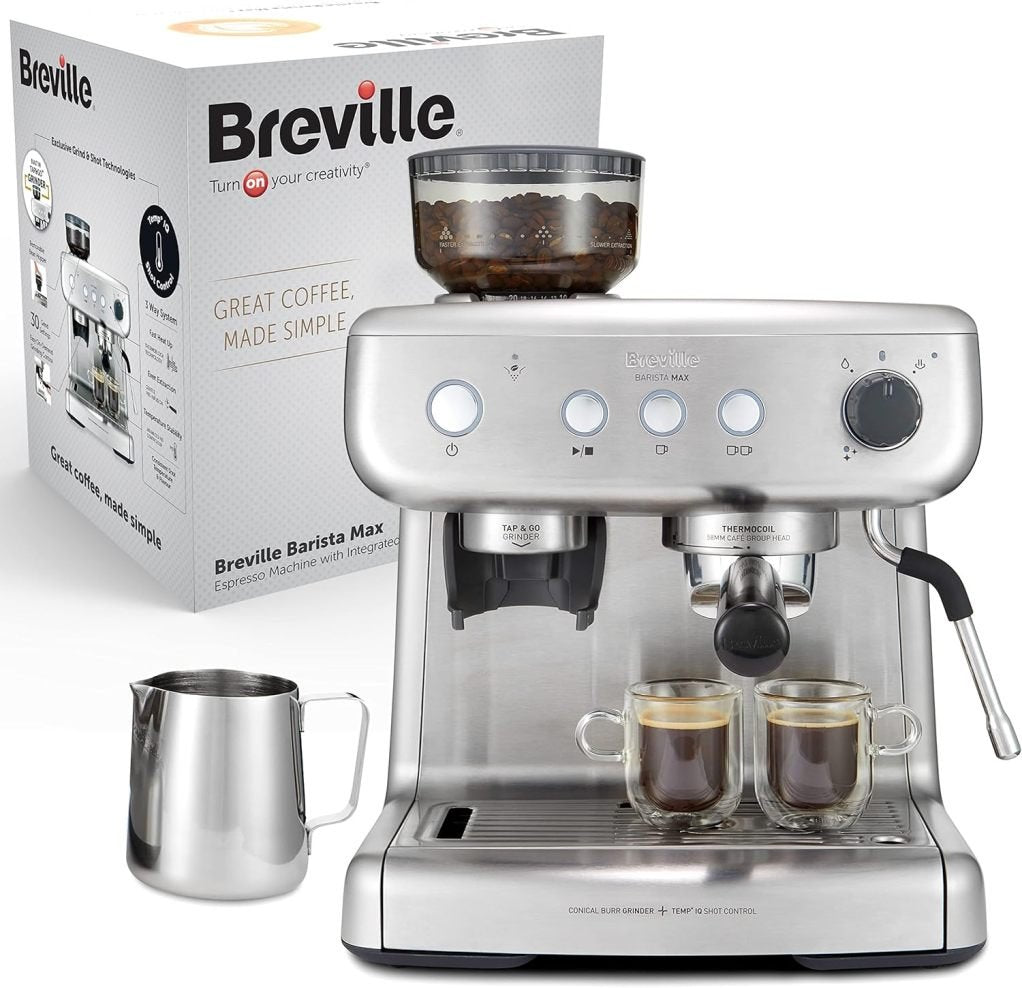 Machine à espresso à portafiltre Breville Barista Max | Machine à espresso/café avec moulin intégré et mousseur à lait | Réservoir d'eau 2,8 L | Pompe italienne 15 bars | Acier inoxydable [VCF126X] 1