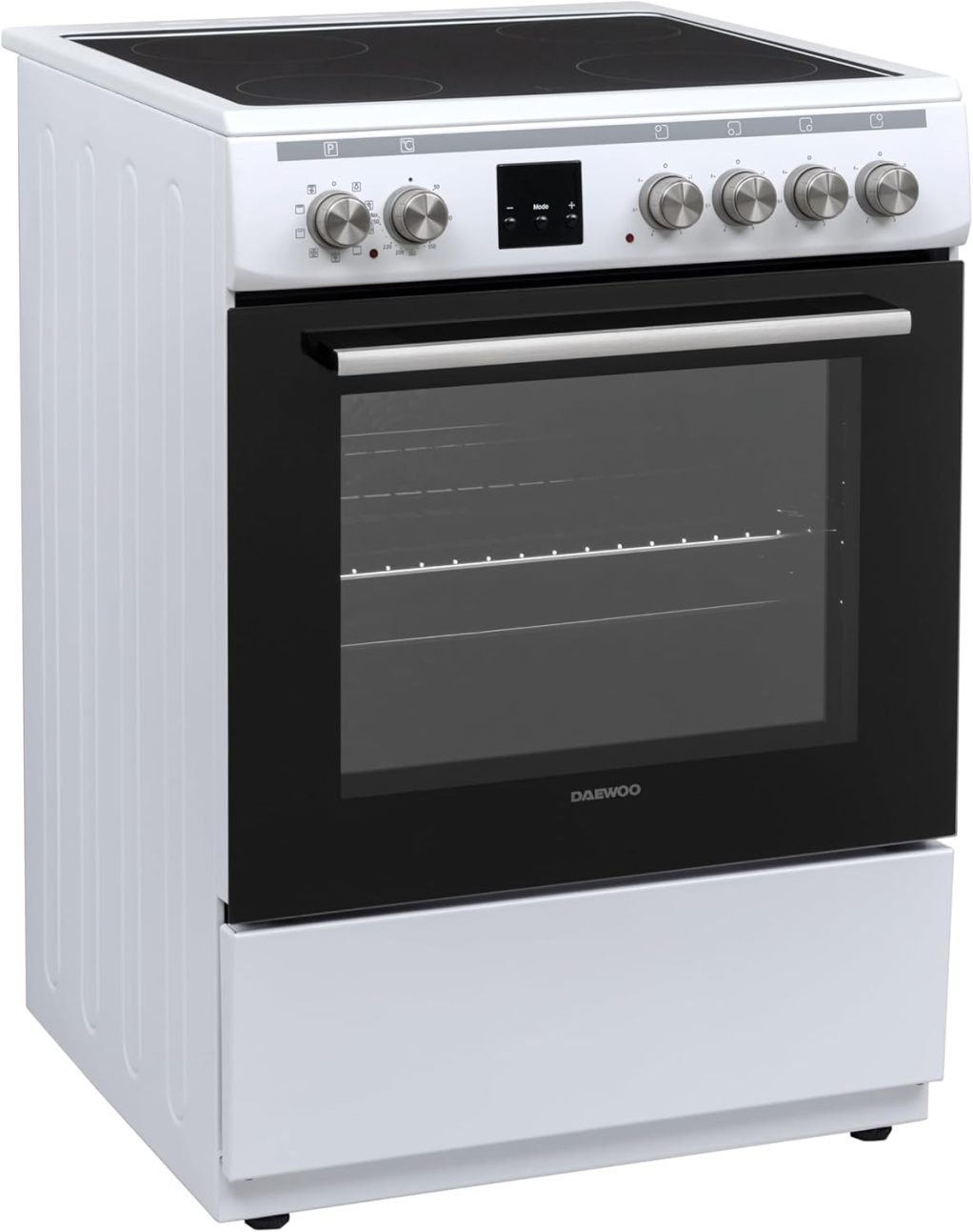 Daewoo F6EV22WL3DE Cuisinière avec table vitrocéramique, A, volume de cavité : 65 L, 8 modes de chauffe avec chaleur haut/bas, émail facile d'entretien, 4 zones de cuisson, Blanc 1
